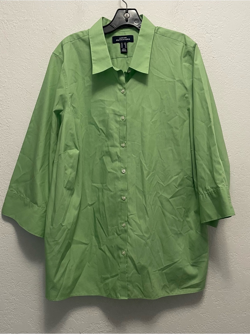 Lands' End 24W Women's Green Wrinkle Free Button Up Shirt 3/4 Sleeves